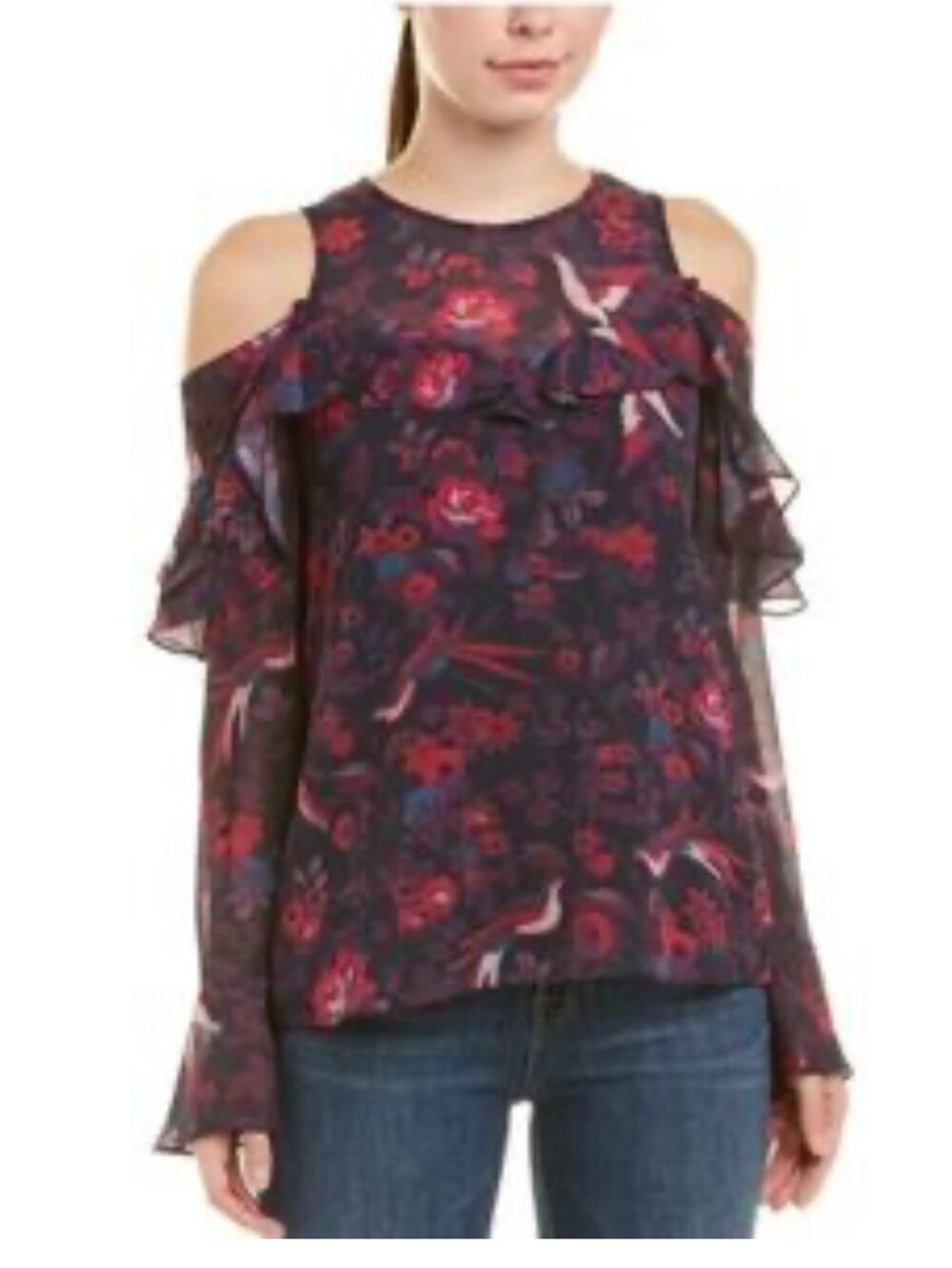 Tanya Taylor Cold Shoulder Silk Top Fuschia Plum Floral Print 6